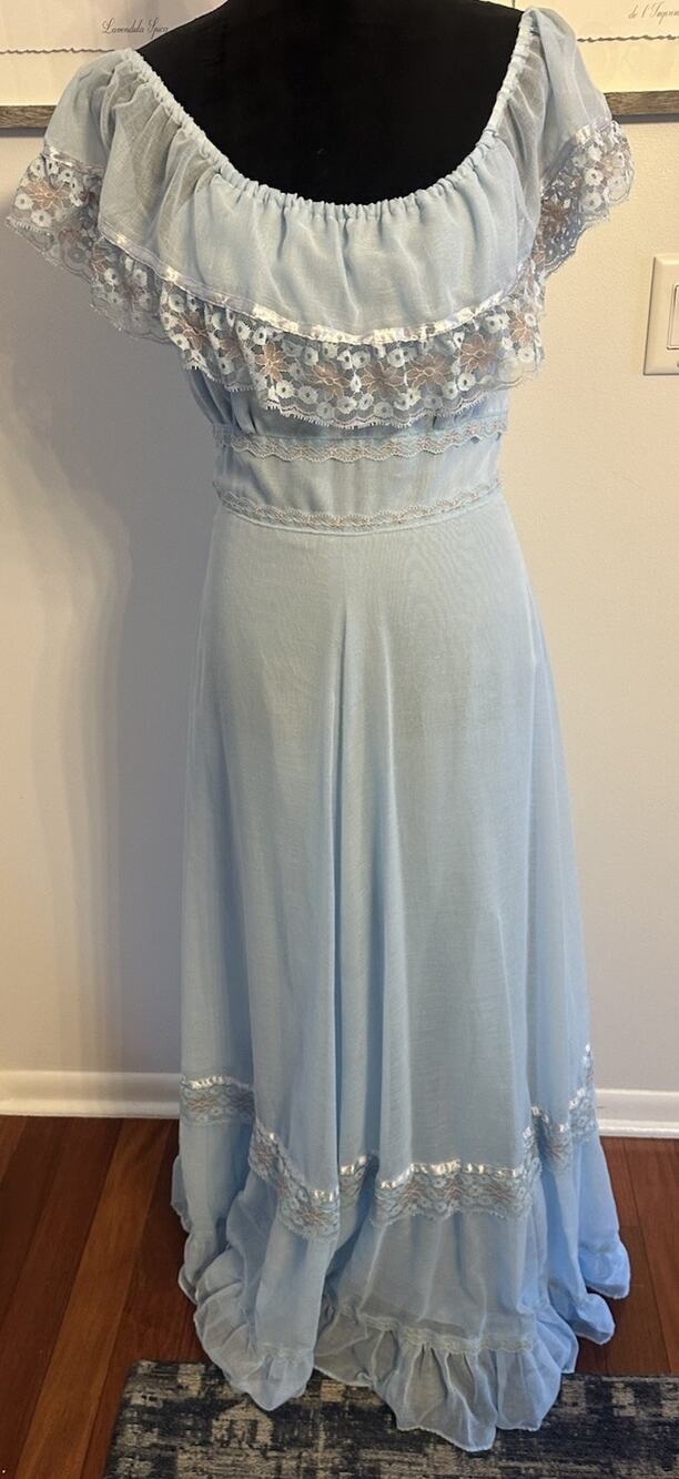 Vintage 70s Prairie Cottagecore Blue Maxi Dress Off Shoulder Size 11/12 Romantic